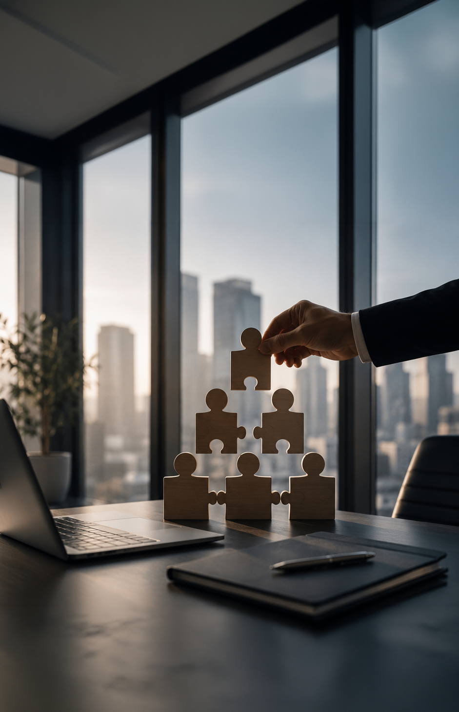 Peças representando a construção de uma equipe em um ambiente corporativo